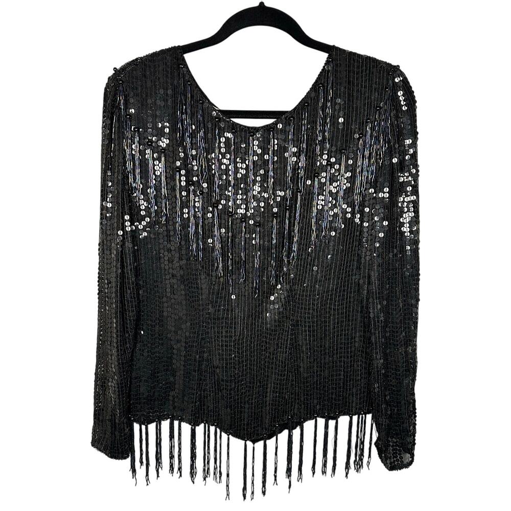 Vintage Swee Lo Black Sequins Beaded Fringe 100% Silk Blouse Women's Medium